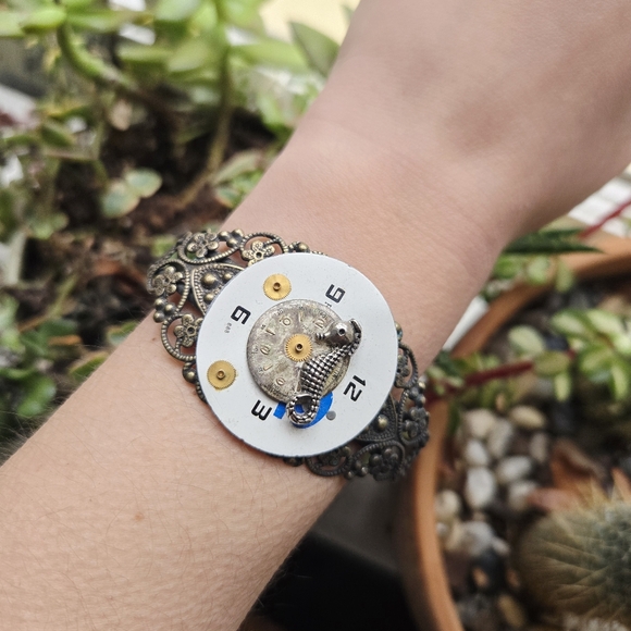 Vintage Eclectic Handmade Bohemian Boho Watch Face Seahorse Cuff Bracelet